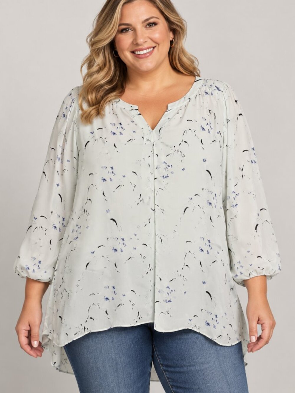 Kaari Light Blue 3X Floral Print Blouse Hi Low Hem 3/4 Sleeve Boho Tunic Top